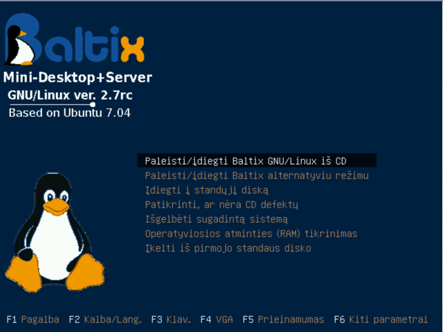 Pradinis Baltix 2.7 GNU/Linux (sukurtas Ubuntu 7.04 pagrindu) CD startavimo meniu vaizdas